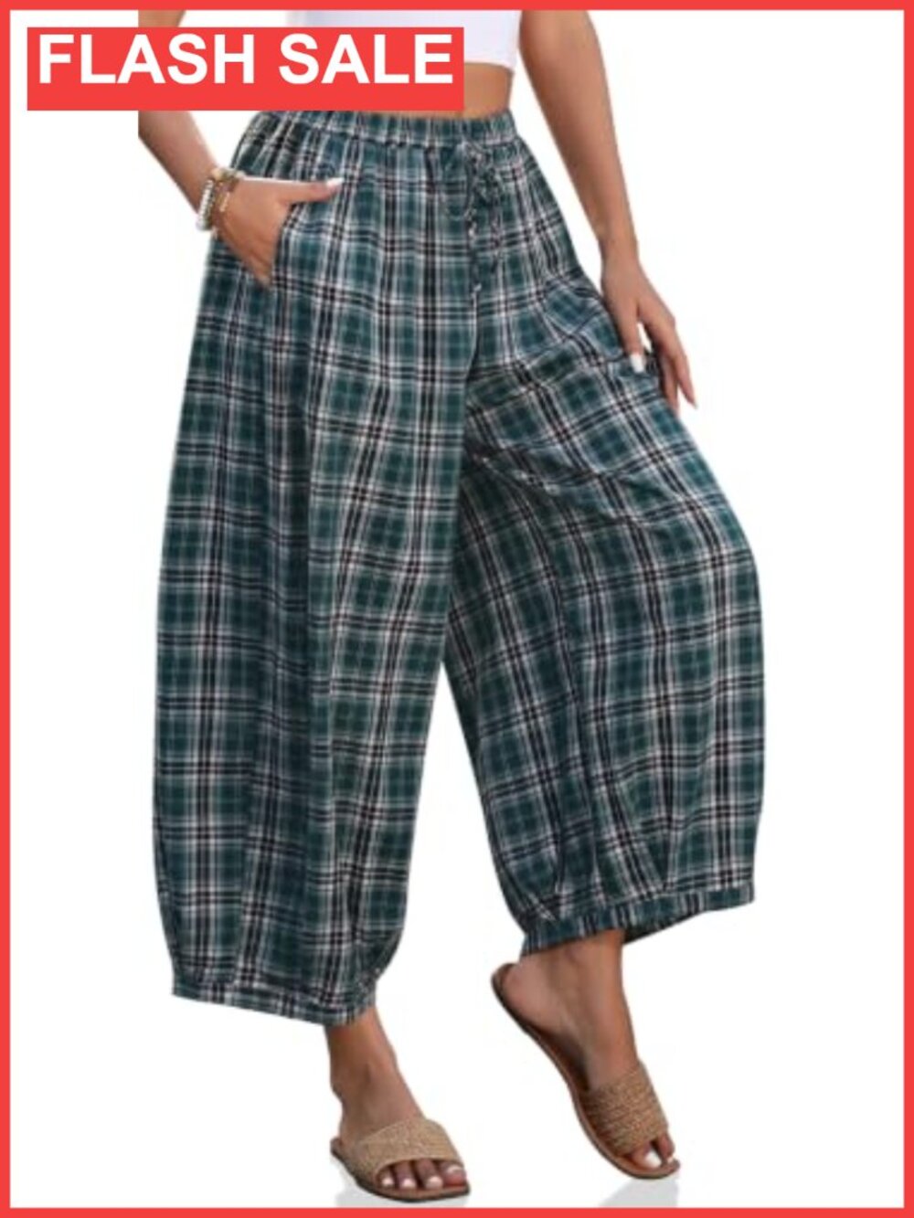 TARSE Plaid Cotton Linen Wide Leg Pants with Pockets
